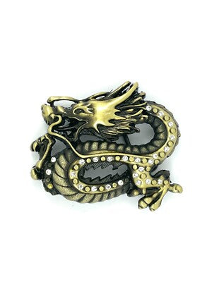Gold and black dragon-shaped belt buckle on a white background