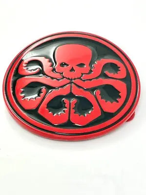 Red and black Hydra emblem belt buckle with an octopus design on a white background