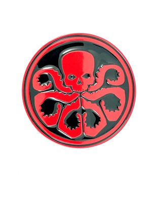 Red and black Hydra emblem belt buckle with an octopus design on a white background