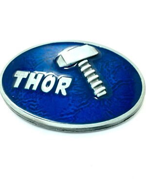 Blue and white Thor belt buckle on a white background