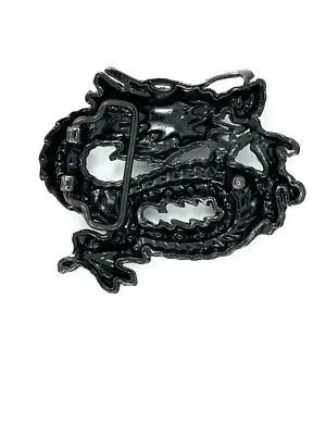 Rear View of Gold and black dragon-shaped belt buckle on a white background