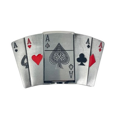 Metallic Ace's playing cards belt buckle on a white background