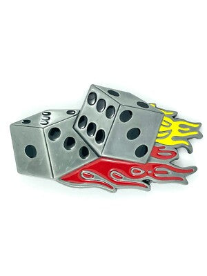 Metallic dice with flames belt buckle on a white background