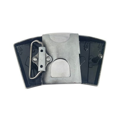 Rear View Metallic Ace's playing cards belt buckle on a white background