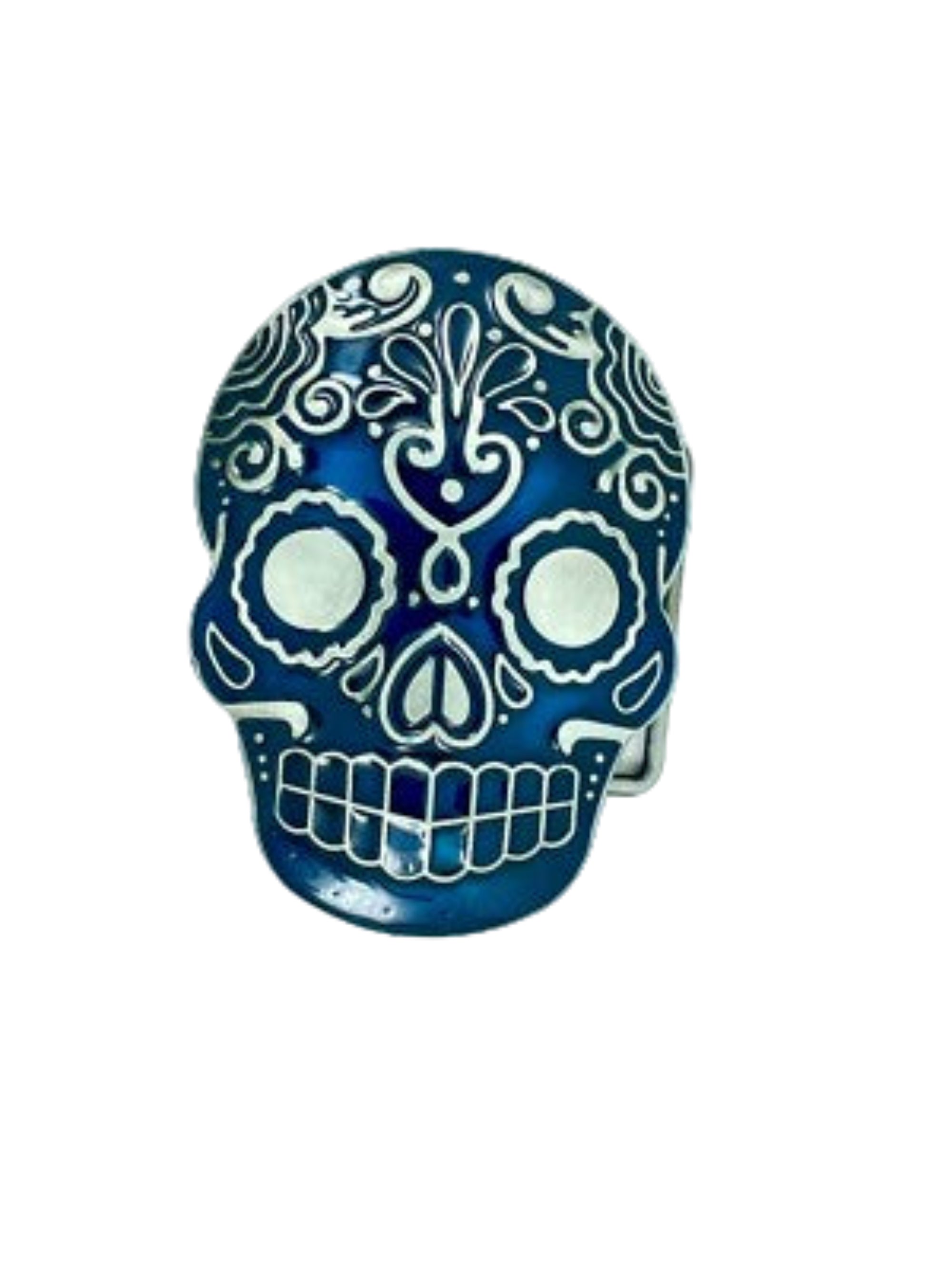 Blue day of the dead skull belt buckle with white patterns on a white background