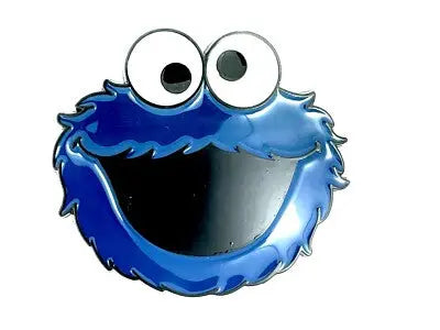 Blue elmo character belt buckle with large eyes on a white background