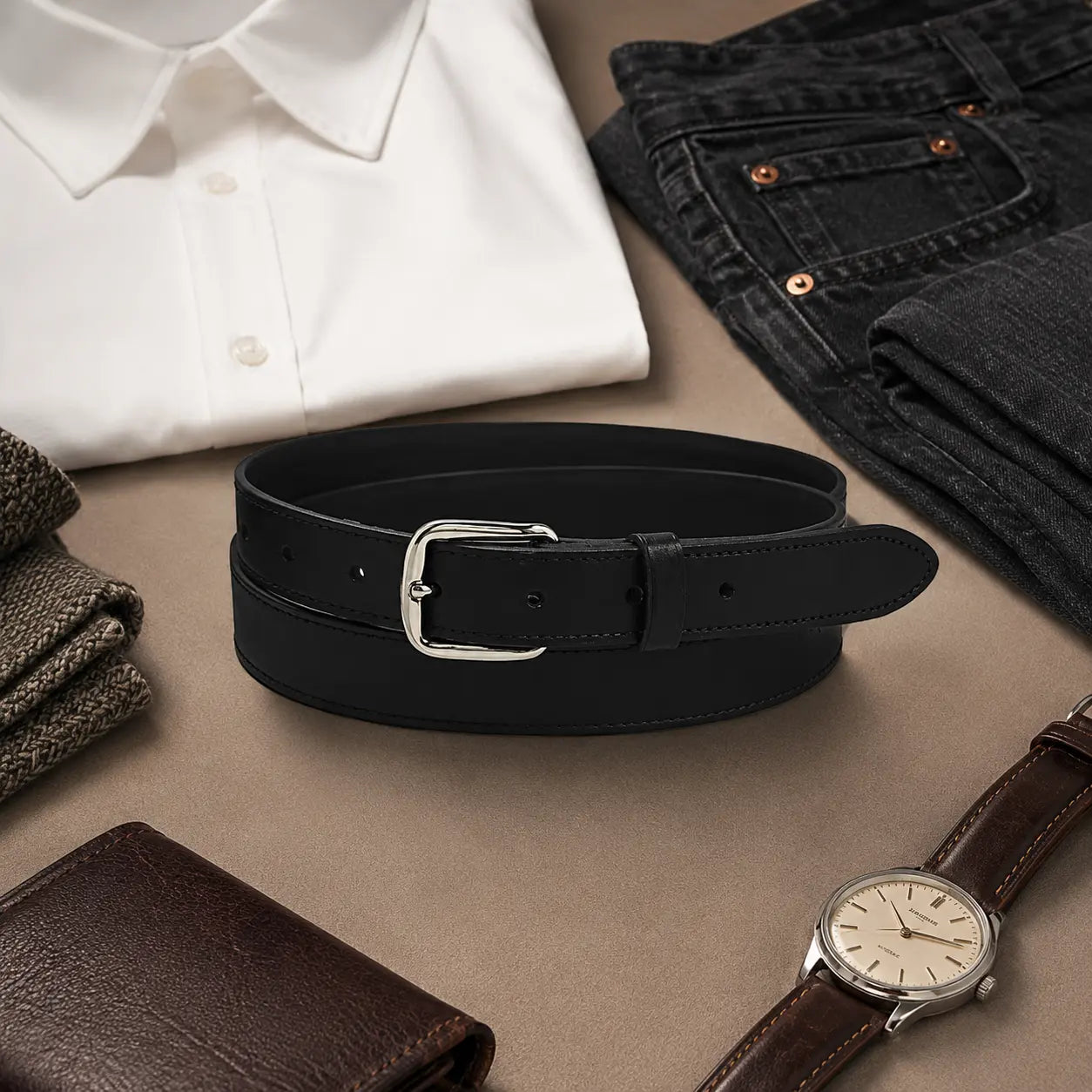 Black belt with silver buckle on a beige surface with folded clothes and a watch.