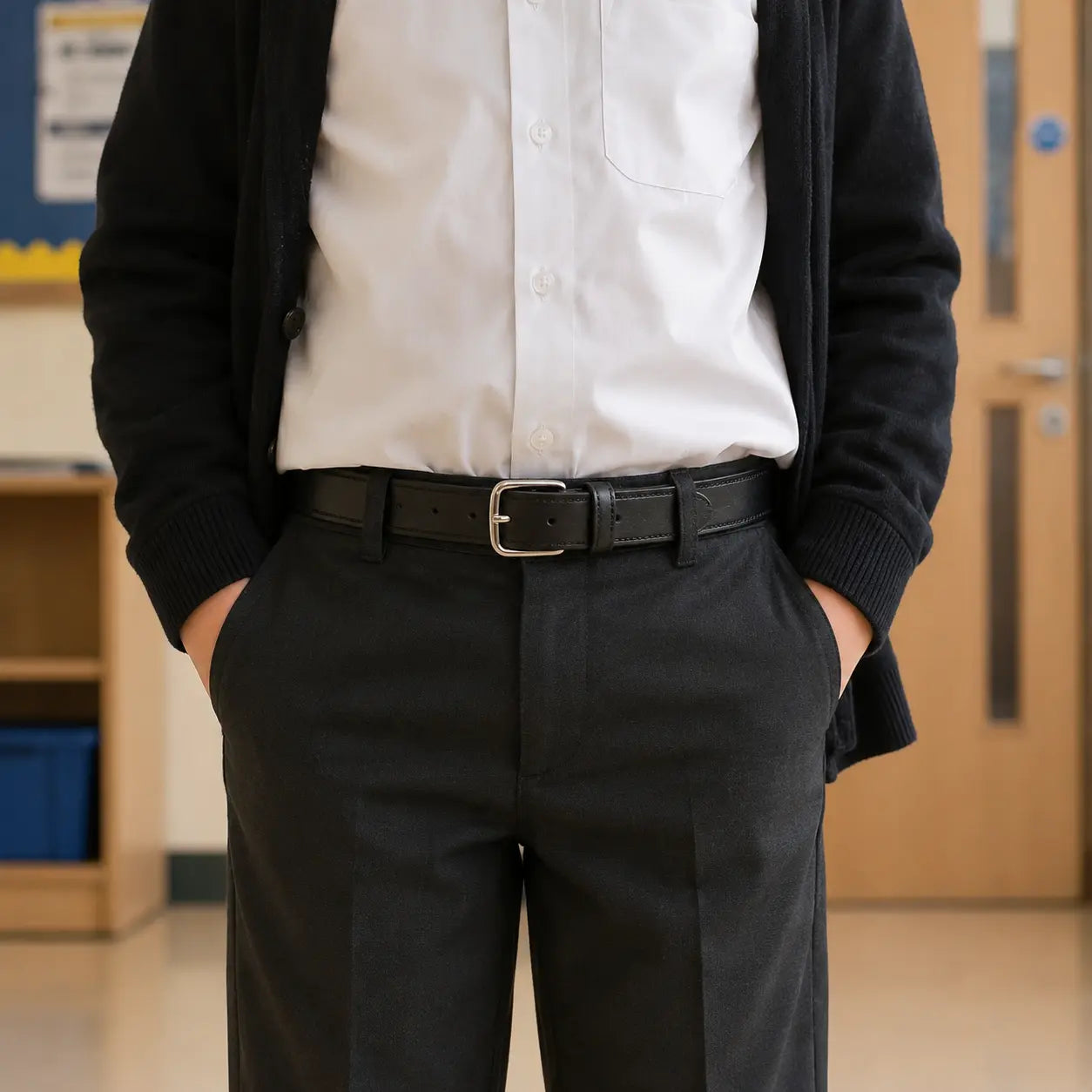 Boy wearing a black cardigan, white shirt, 25mm childs leather belt and black pants in an indoor setting