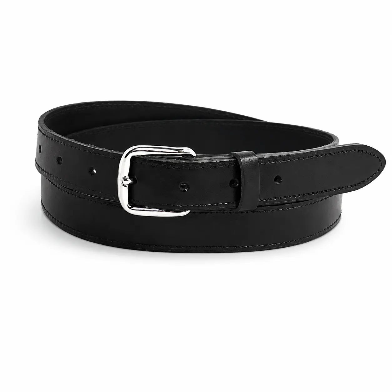 25mm Black leather belt with a silver buckle on a white background