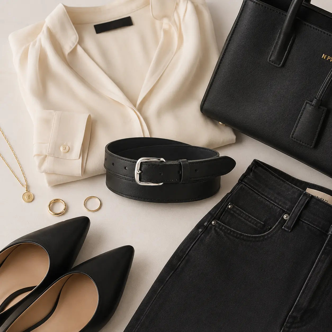 Collection of black shoes, jeans, a black 25mm leather belt, a cream shirt, and a black handbag on a light beige surface.