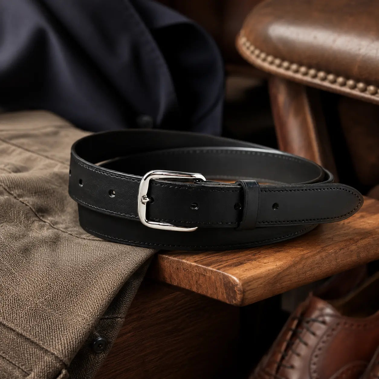 25mm Black leather belt with silver buckle on a wooden surface