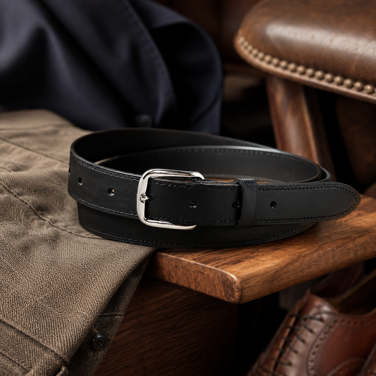 25mm Black leather belt with silver buckle on a wooden surface