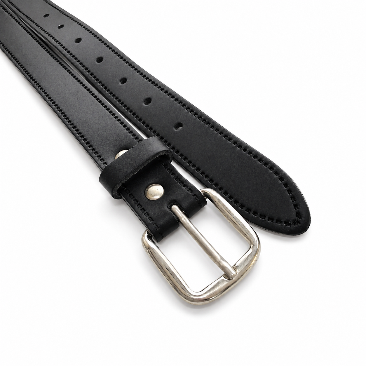 25mm Black leather belt with a silver buckle on a white background