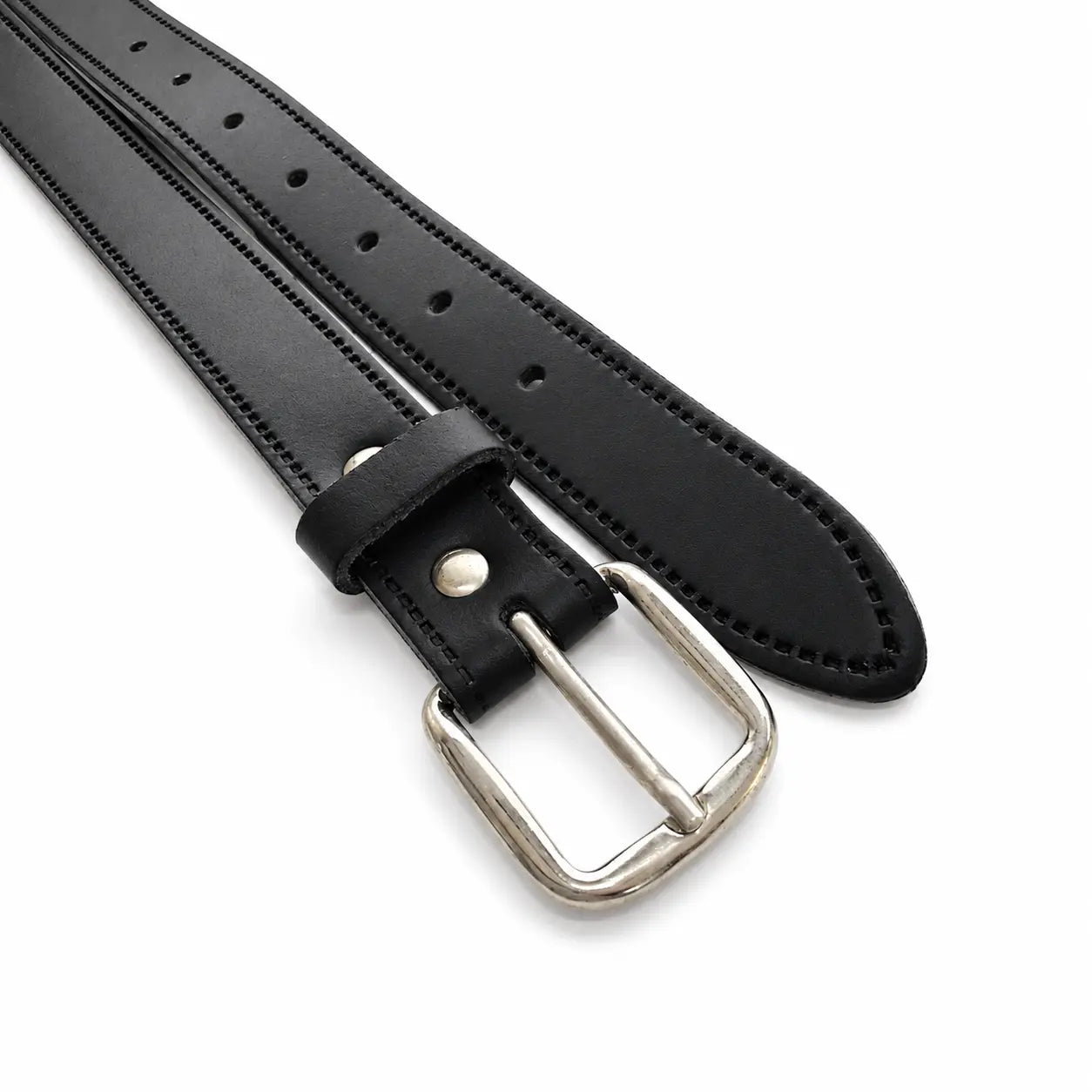 25mm Black leather belt with a silver buckle on a white background