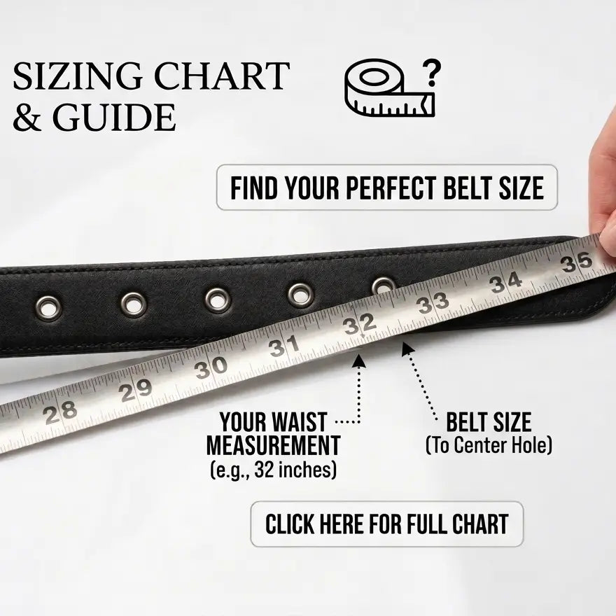 Belt sizing chart with a hand holding a measuring tool on a white background