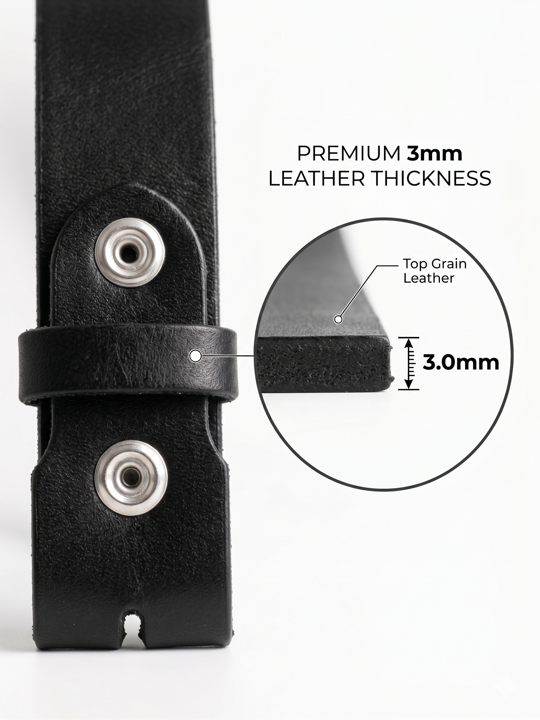 Black leather strap with a close-up of its thickness measurement on a white background