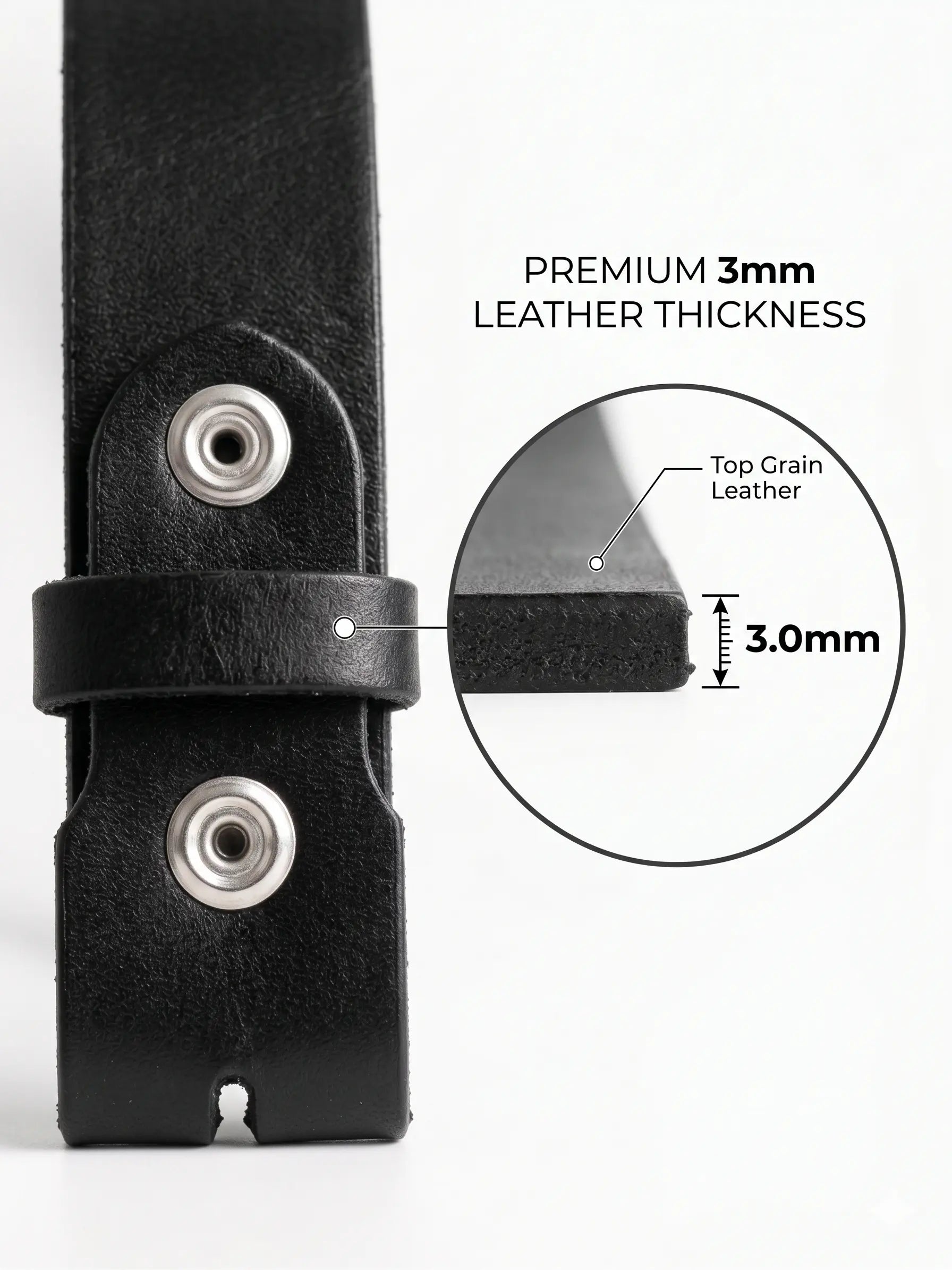 Black leather strap with a close-up of its thickness measurement on a white background