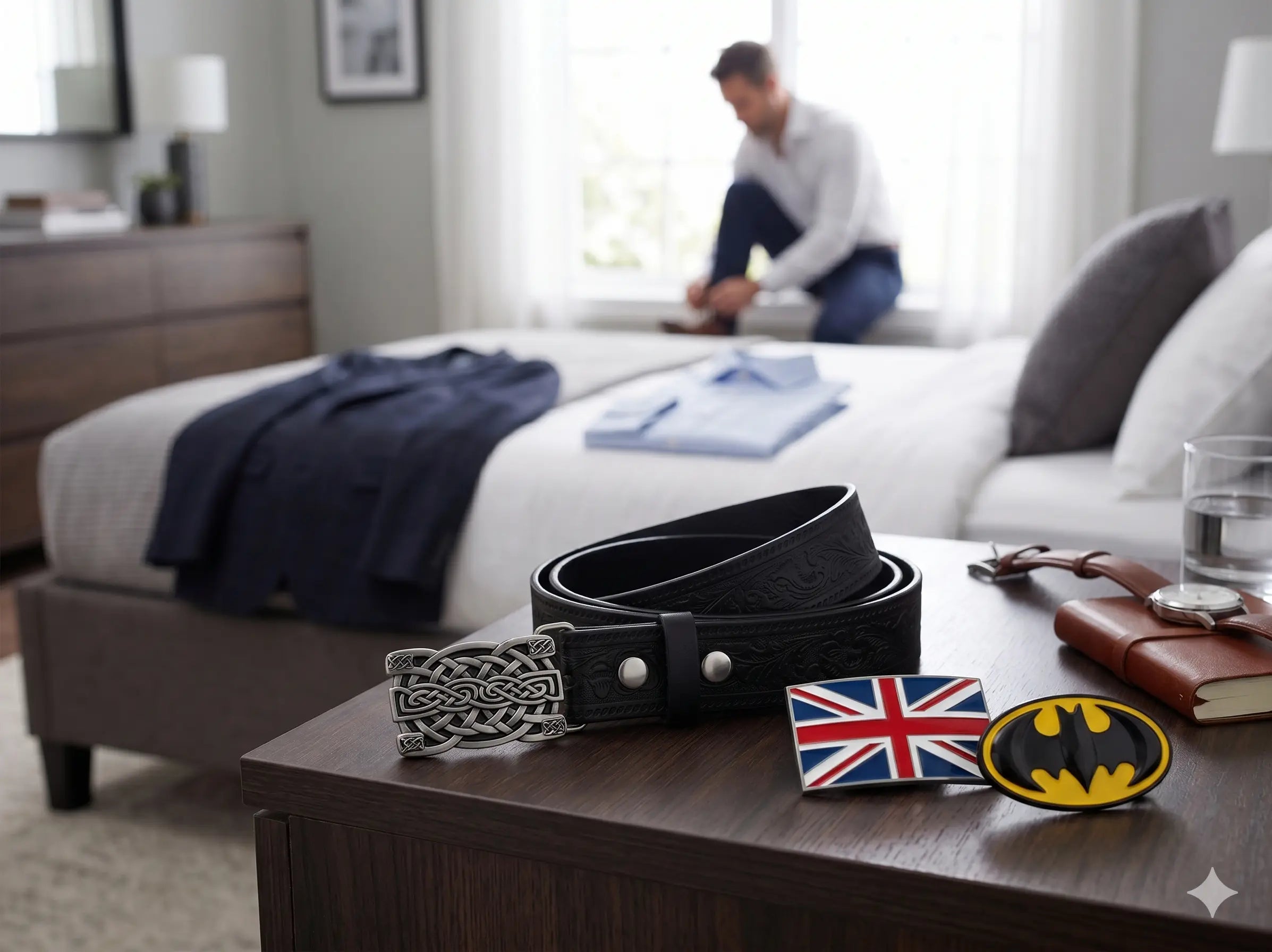 Black belt with buckles on a table in a bedroom setting