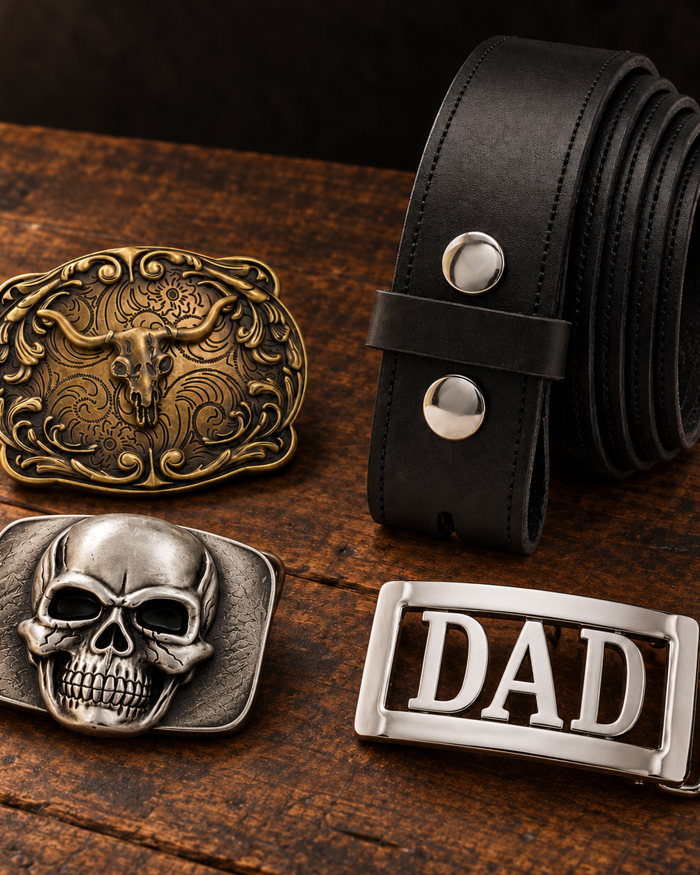 Two western-style belt buckles, alongside a DAD personalised belt buckle displayed on a wooden surface next to a black leather belt. The belt features a rolled black leather strap with silver-tone metal rivets and a buckle loop.