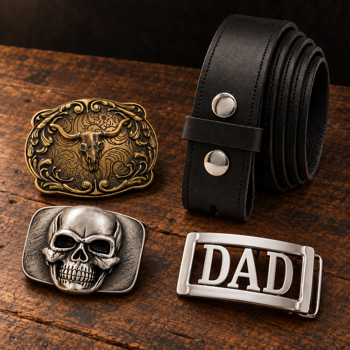 Two western-style belt buckles, alongside a DAD personalised belt buckle displayed on a wooden surface next to a black leather belt. The belt features a rolled black leather strap with silver-tone metal rivets and a buckle loop.