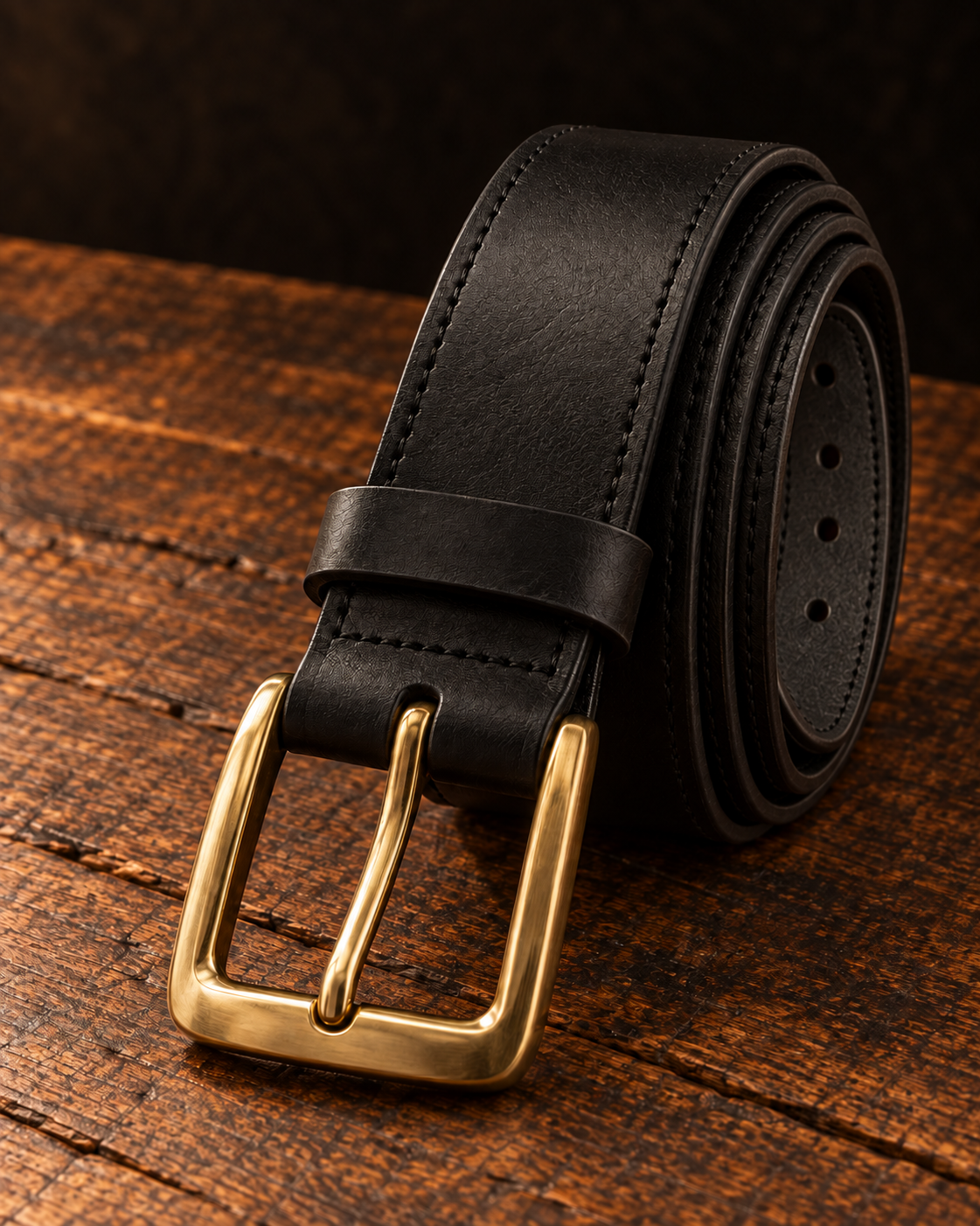 Black Leather Belt With Brass Buckle