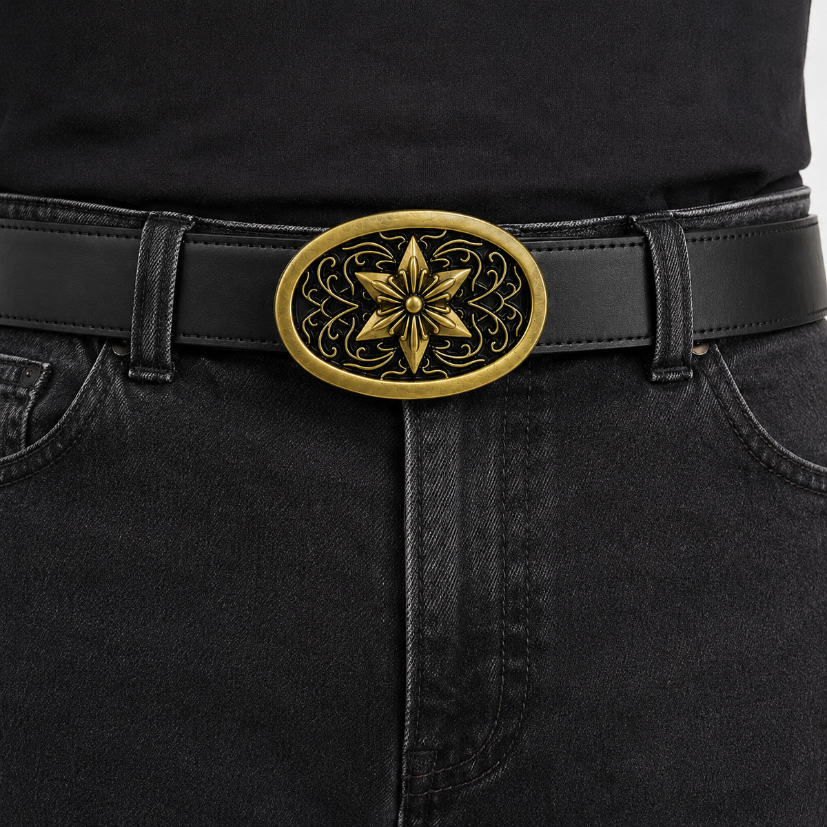 Bronze Buckle Fitted To Black leather Beltt