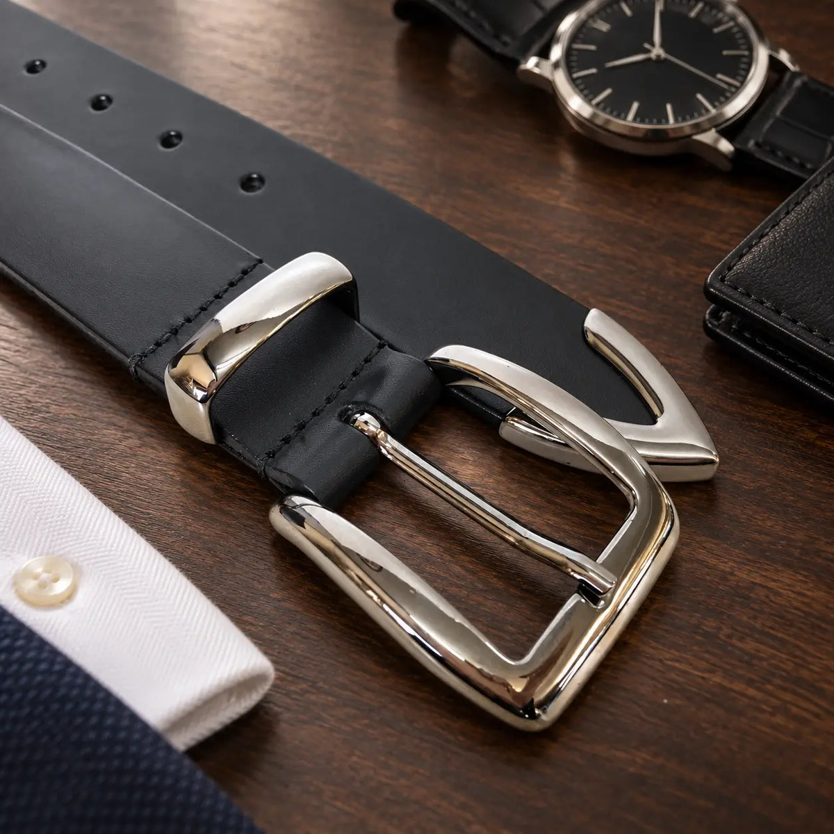 Black 35mm genuine leather belt with nickel buckle, metal keeper and matching metal tip.