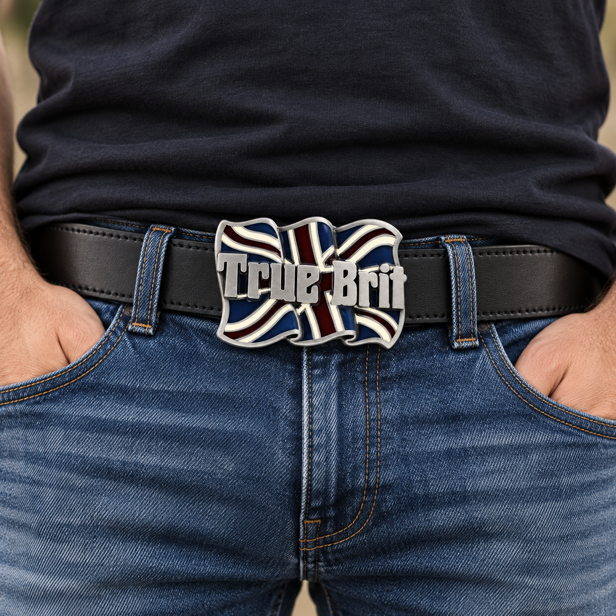 True Brit Union Jack belt buckle worn by a man on a black leather belt