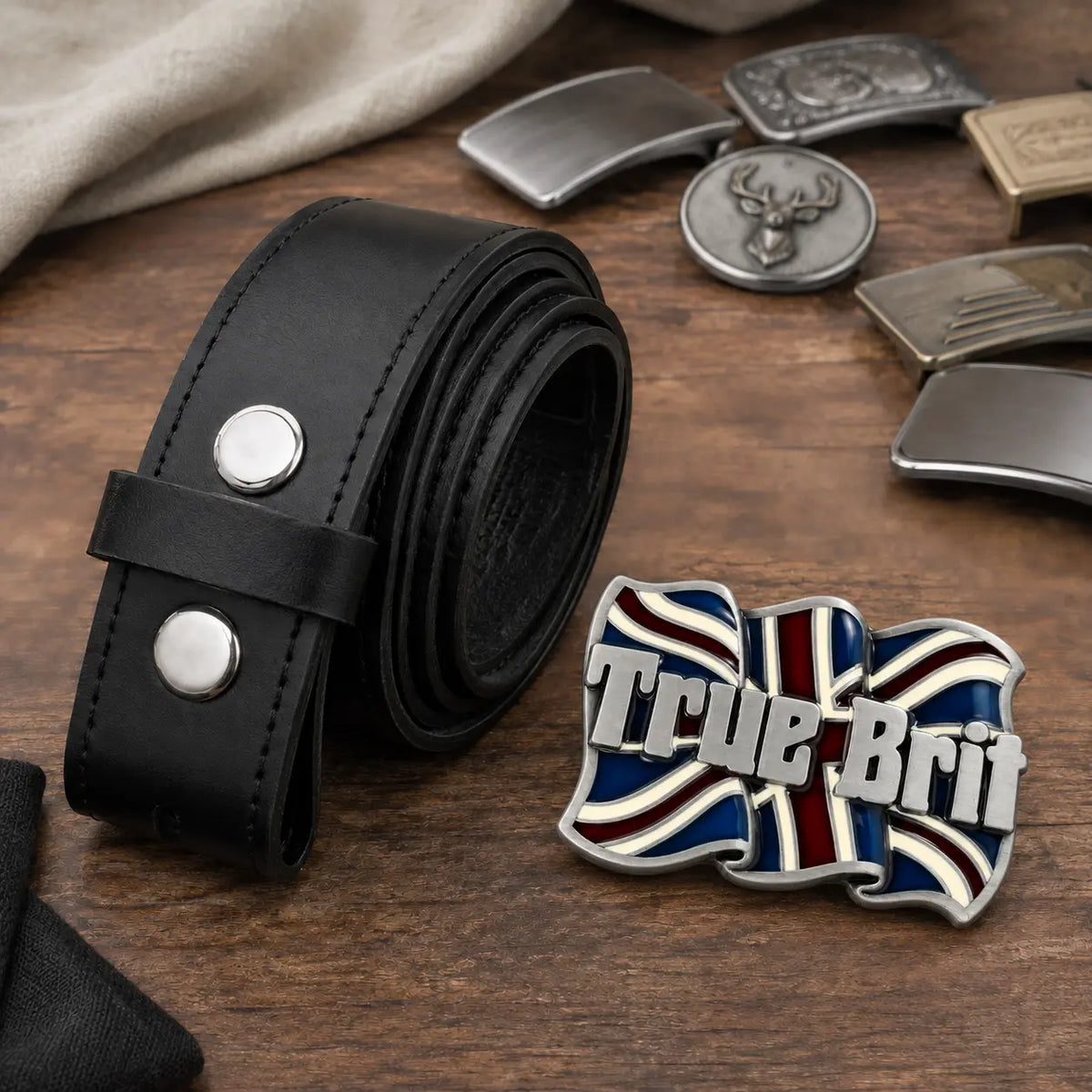 True Brit Union Jack buckle with black interchangeable leather belt