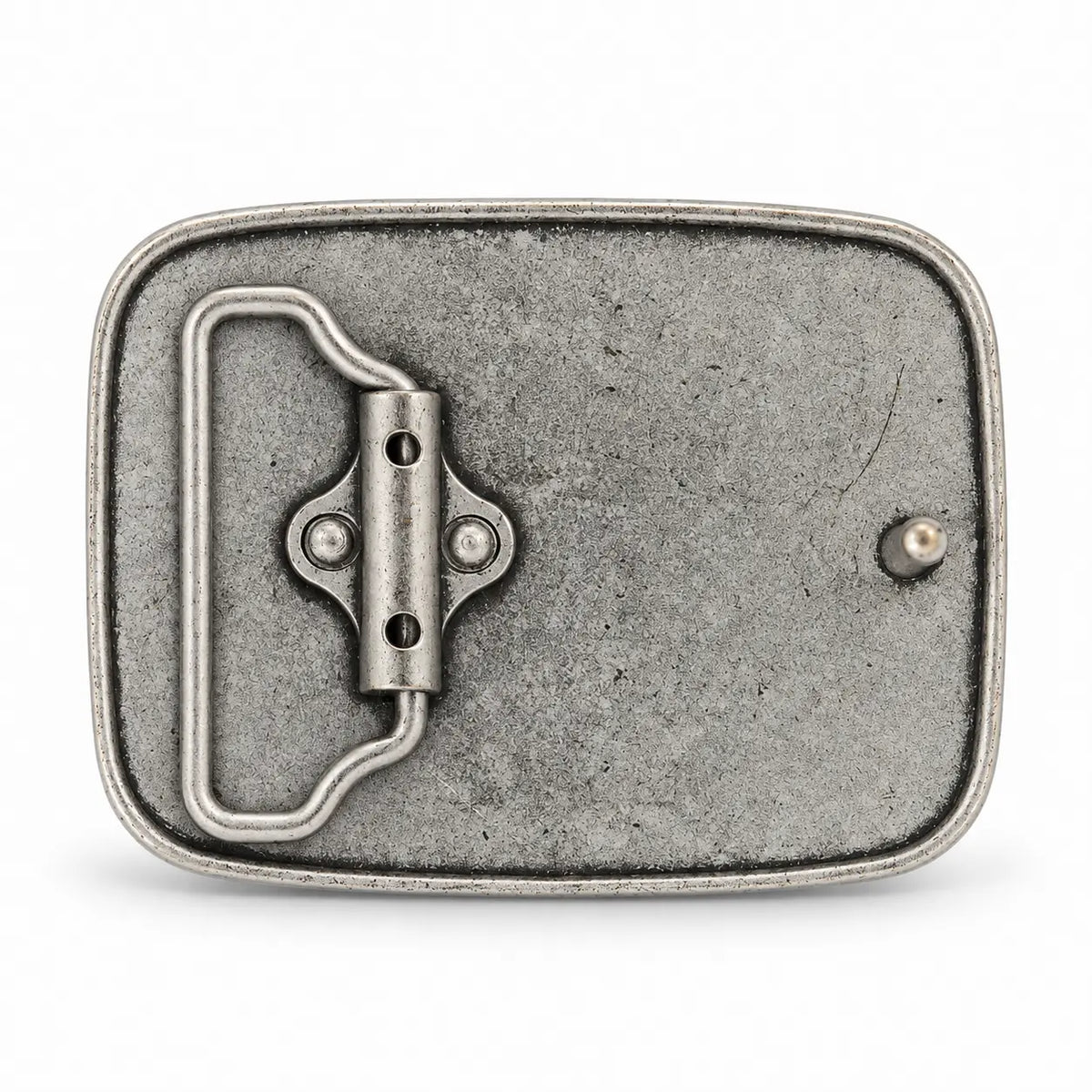 Rear of silver cutaway skull belt buckle showing belt loop and fastening stud