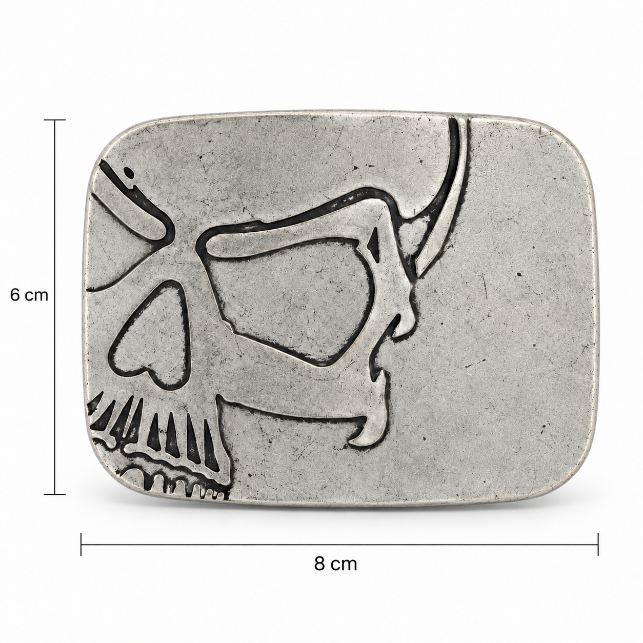 Silver cutaway skull belt buckle size guide