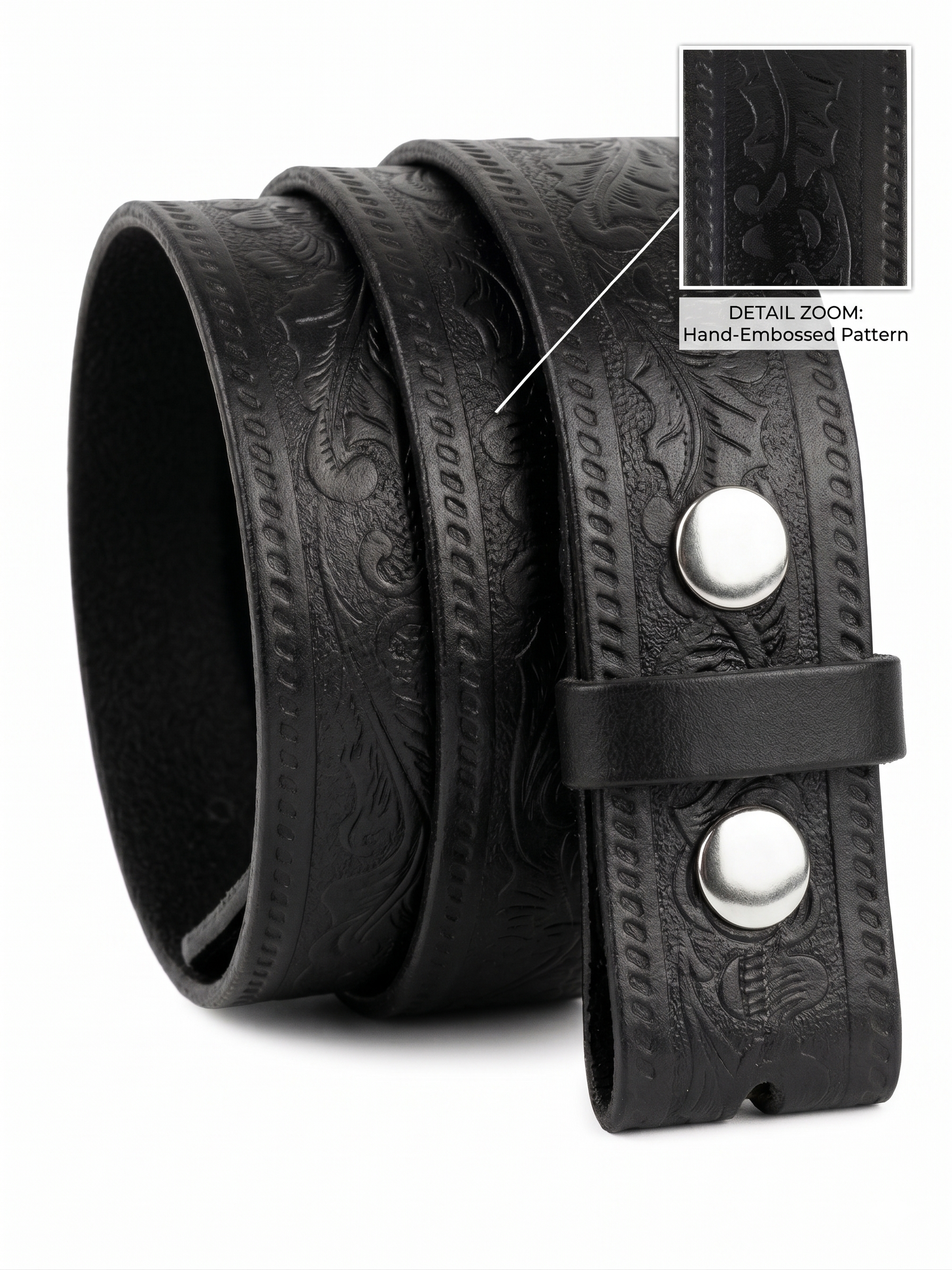 Black leather belt with hand-embossed pattern and silver buckle on a white background