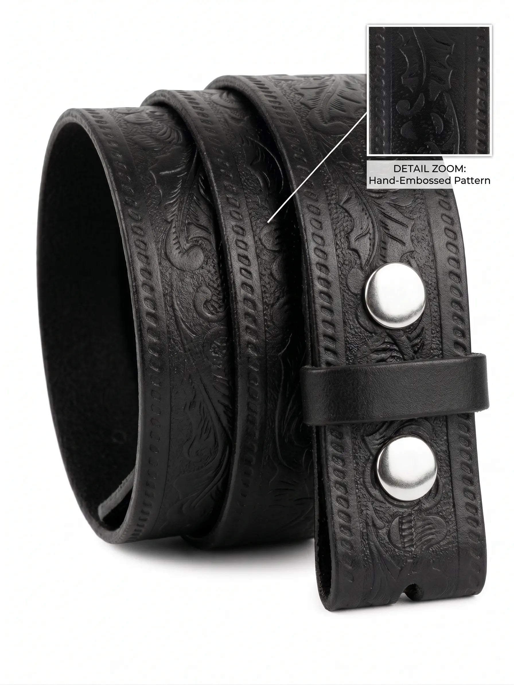 Black leather belt with hand-embossed pattern and silver buckle on a white background