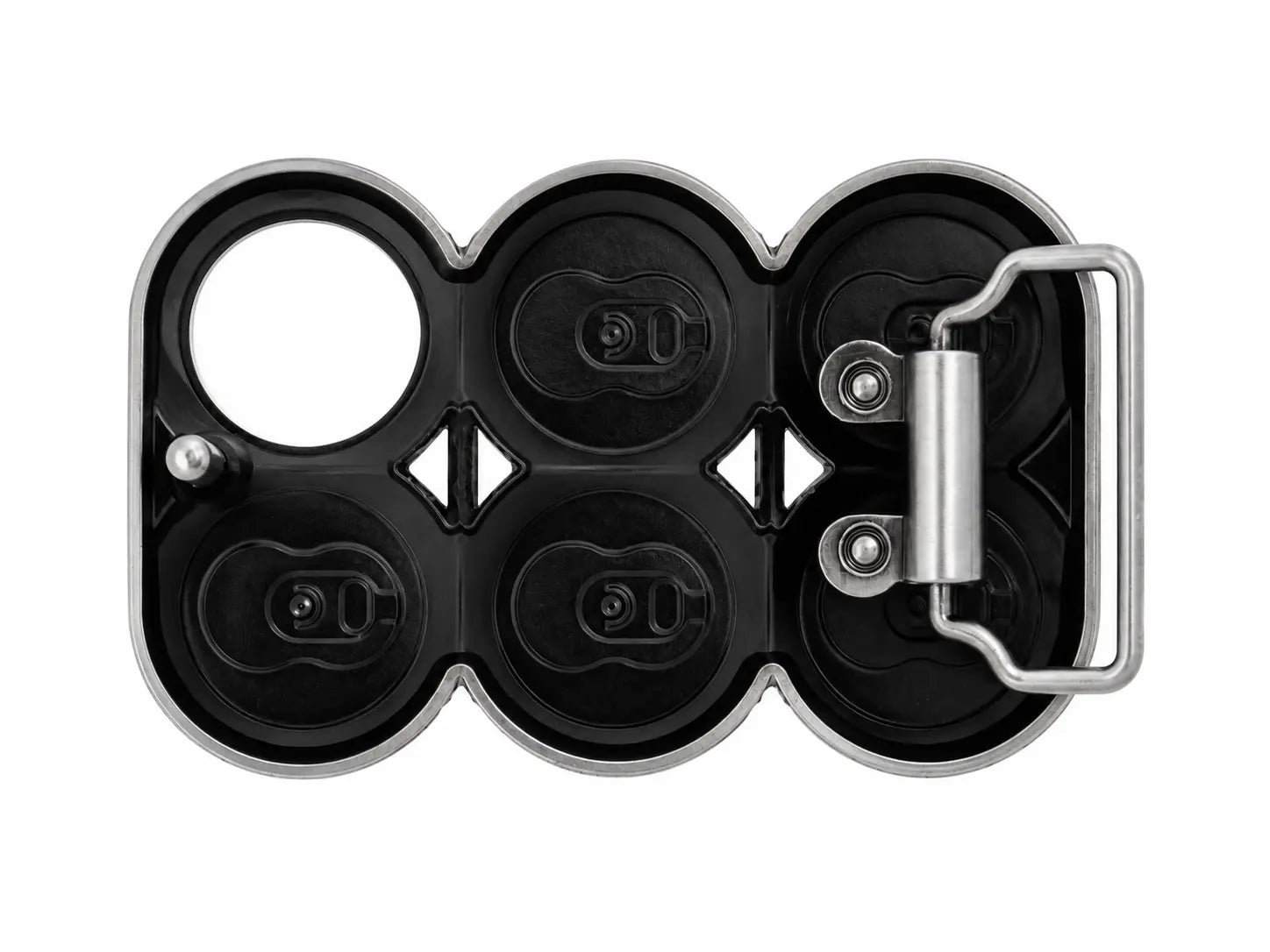 Rear of the 6 cans belt buckle on a white background