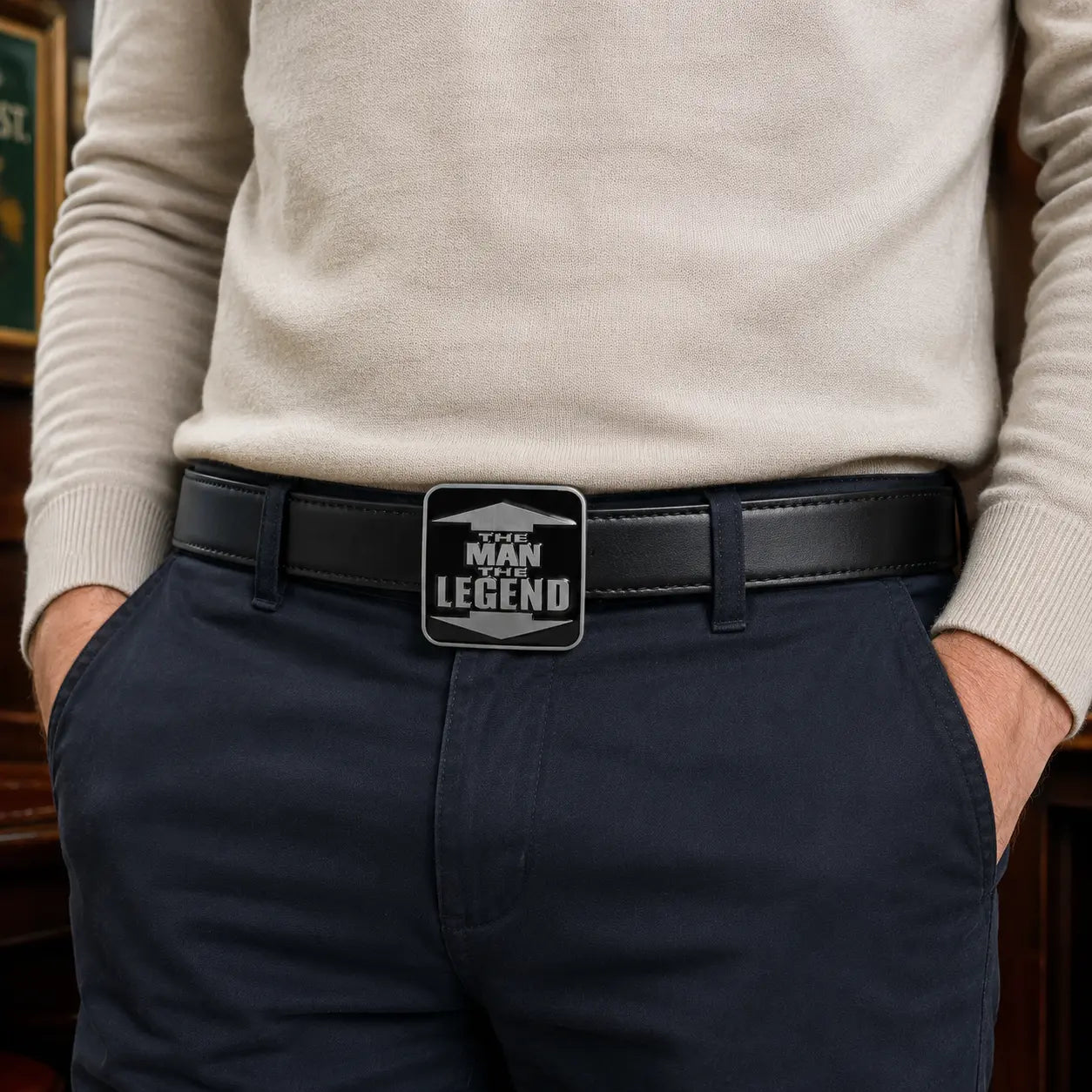 Man wearing "The Man The Legend" Belt buckle.