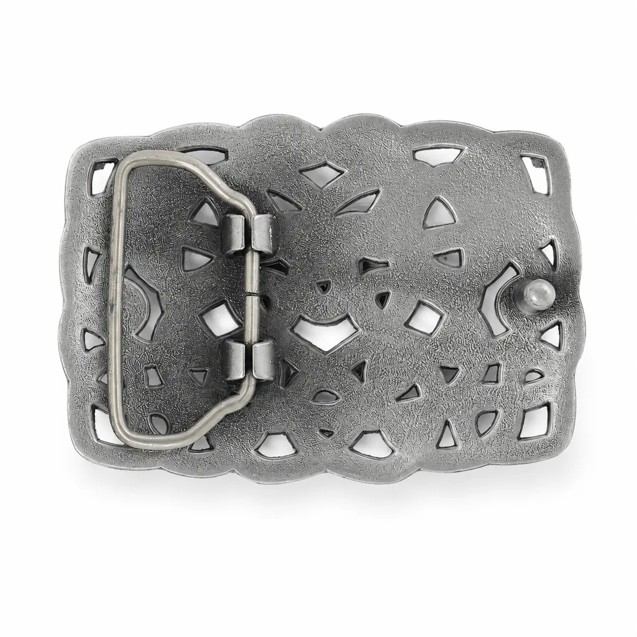 Rear of a rectangular silver-toned metal belt buckle with an ornate scalloped border and cutout geometric pattern, shown on a plain white background.