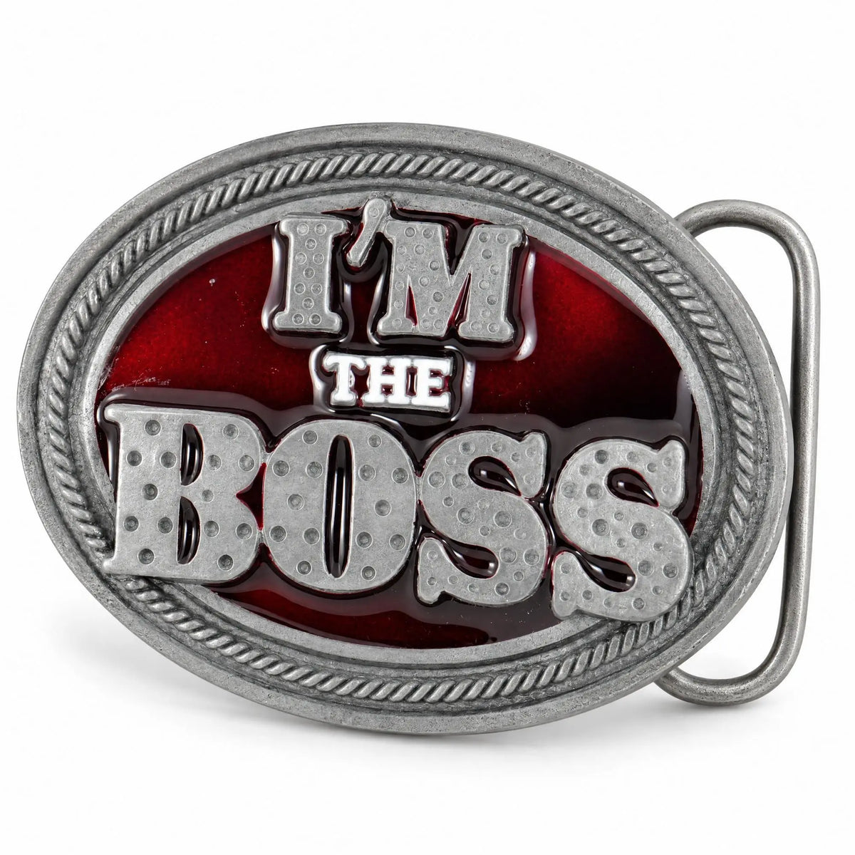 Angled view of the Grey/Red Im The Boss Belt Buckle.