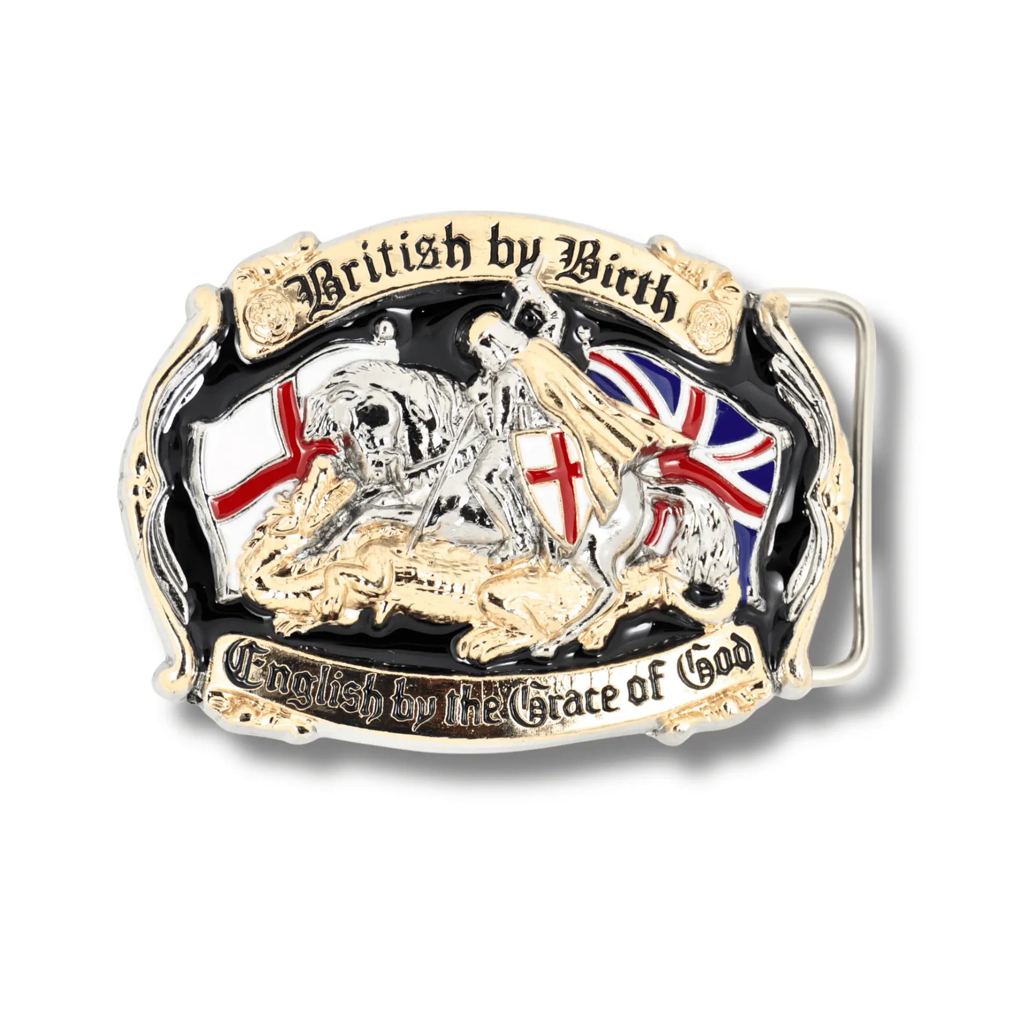 British By Birth Belt Buckle – St. George Design | Chrome & Gold Options Flash My Buckle