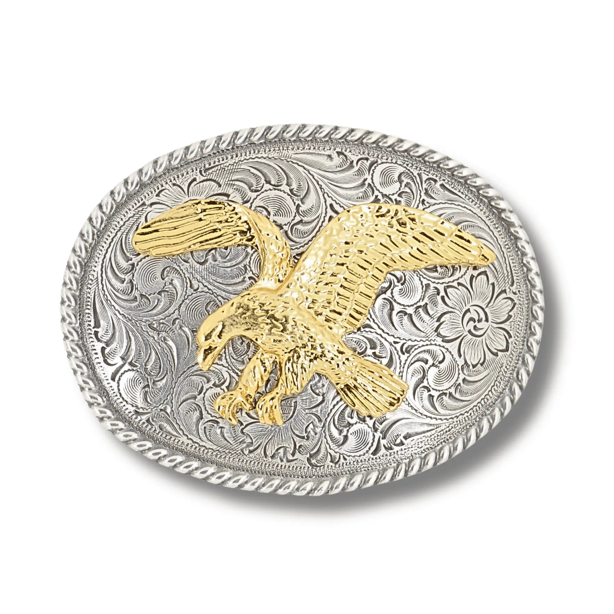 Belt buckle with gold eagle design on a silver background