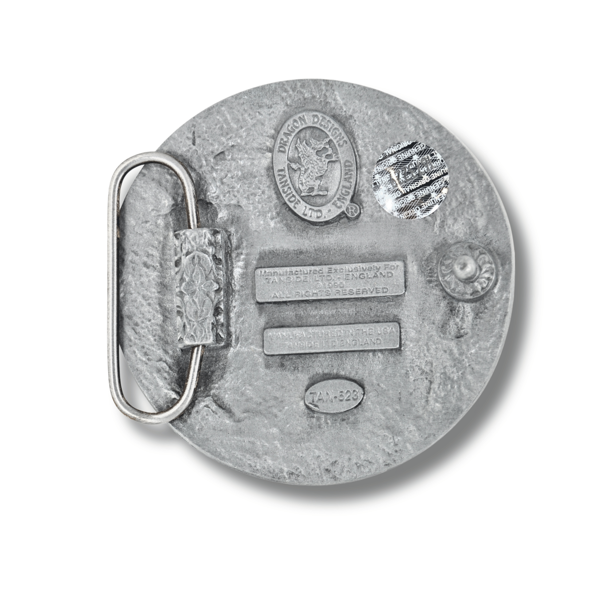 Silver belt buckle with engraved details on a white background