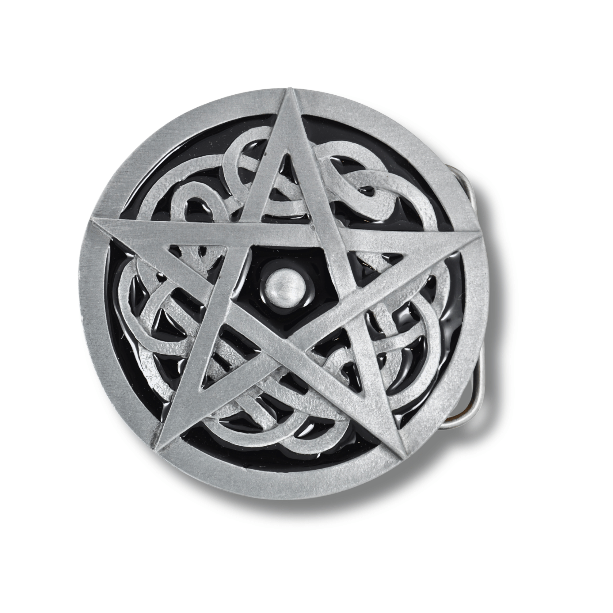 Metallic pentagram design on a white background