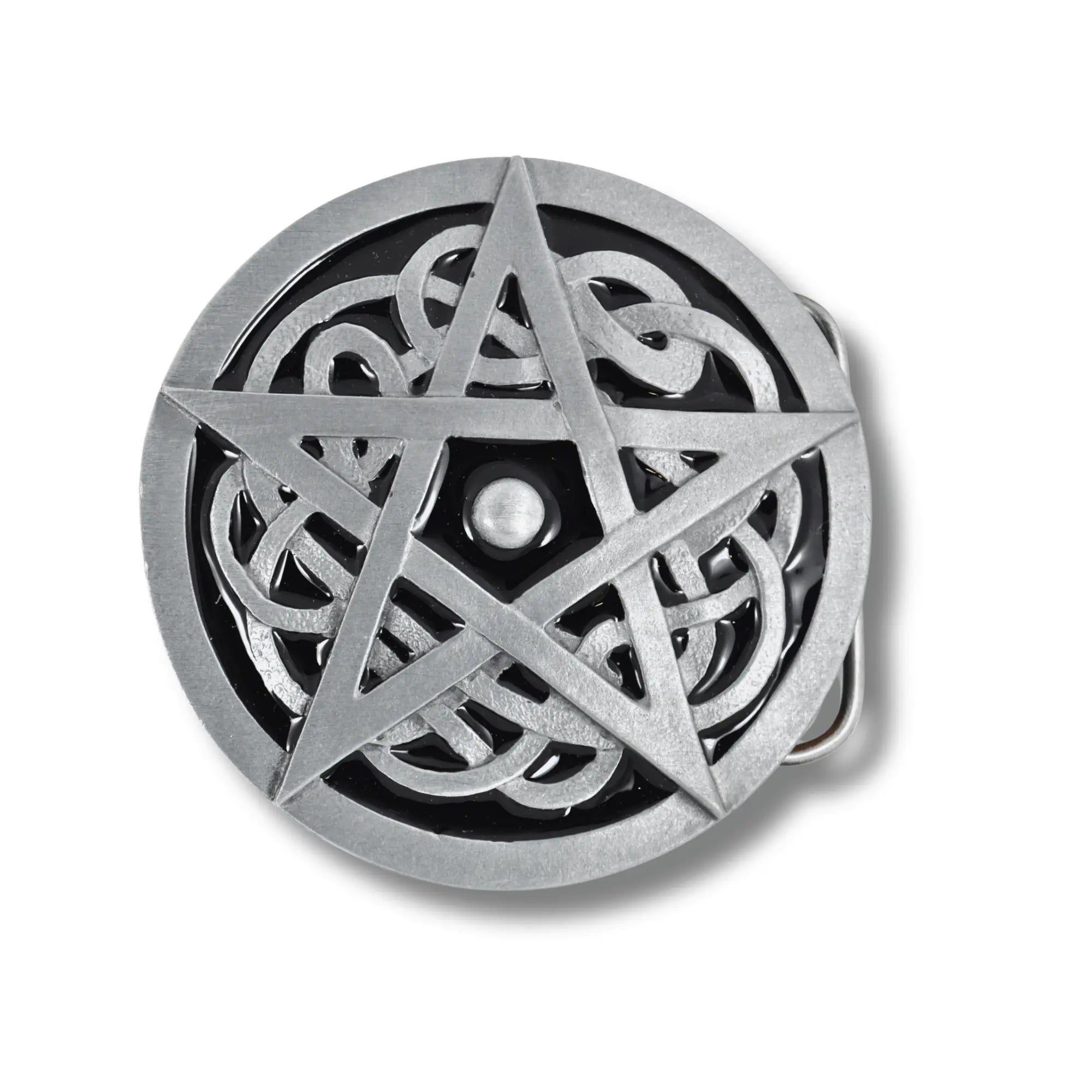 Metallic pentagram design on a white background