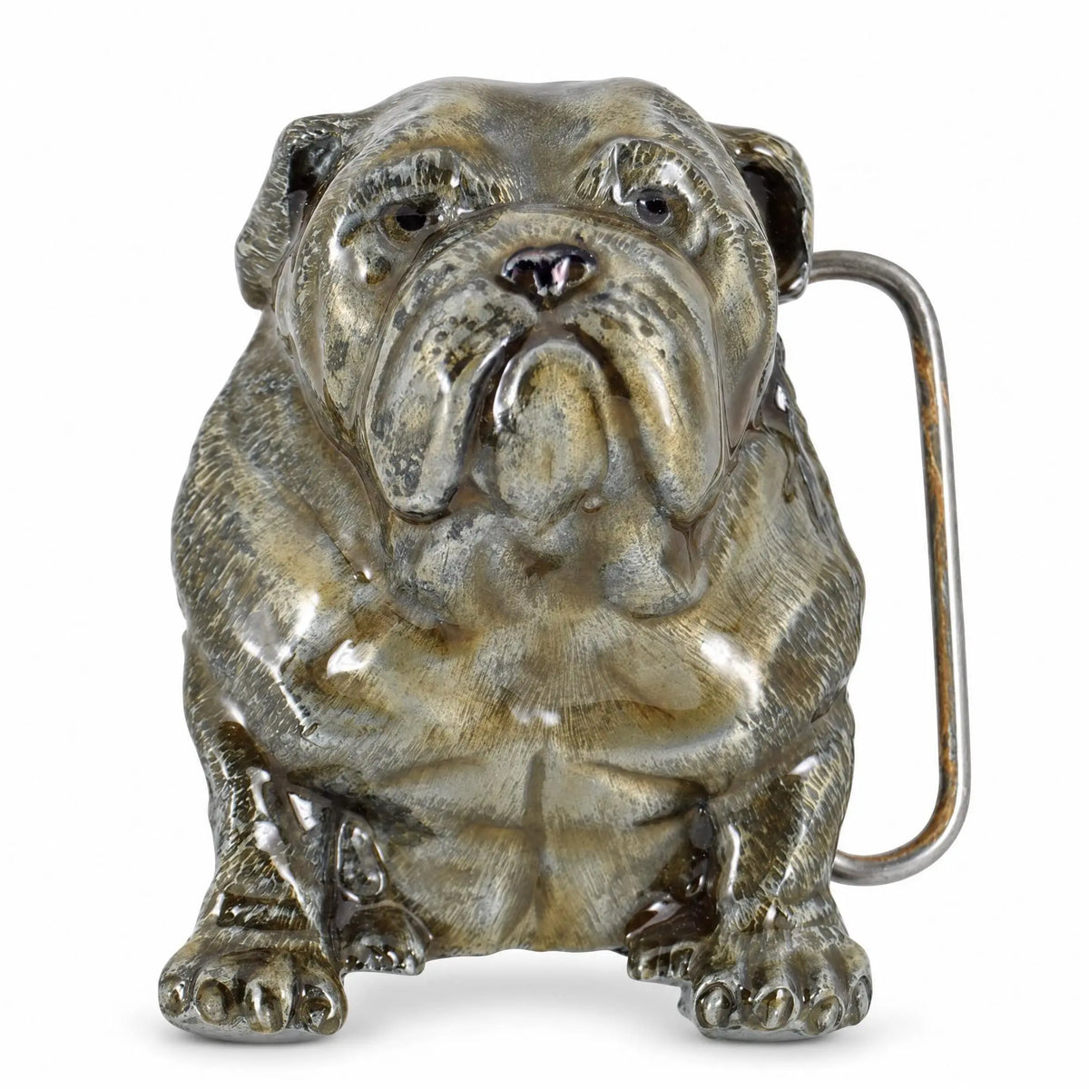 Front view of the grey metal Bulldog Belt Buckle