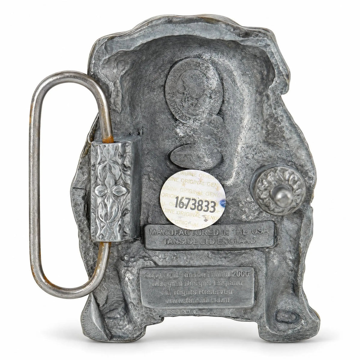 Rear view of the grey metal Bulldog Belt Buckle