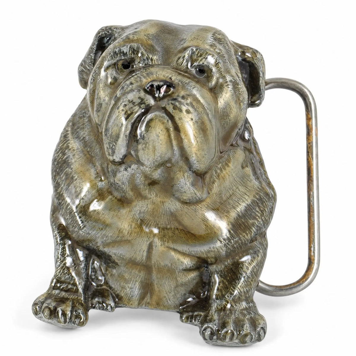 Angled view of the grey Bulldog Belt Buckle showing its metal construction