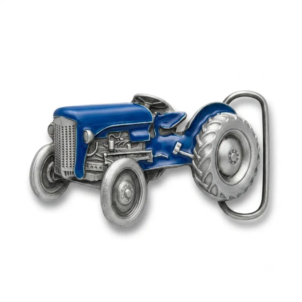 Metallic blue and silver tractor-shaped belt buckle on a white background