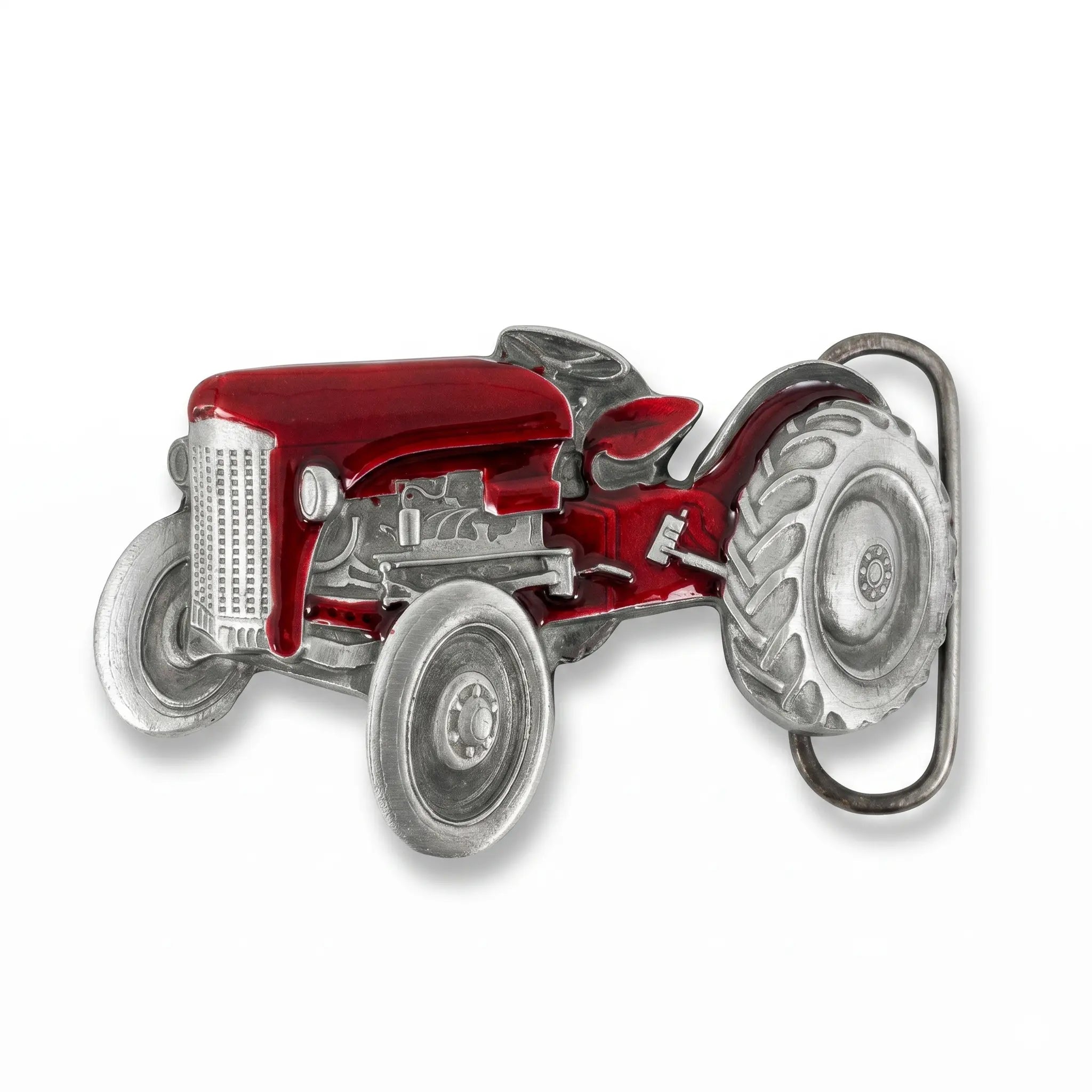 Red tractor belt buckle on a white background