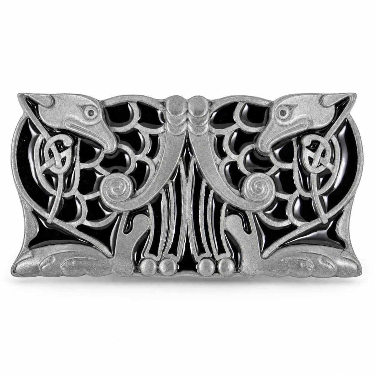 Front view of the black Celtic Birds Design metal belt buckle