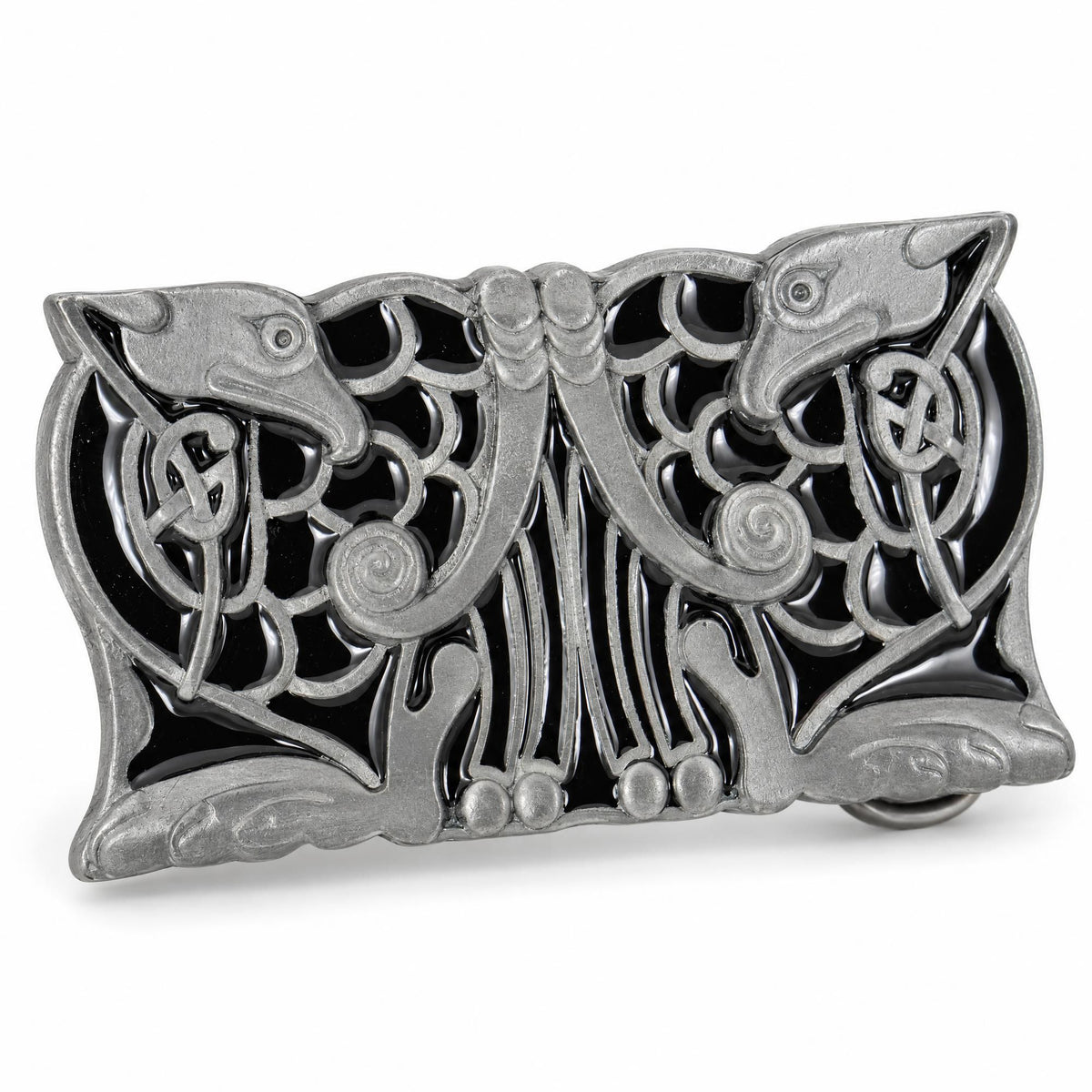 Angled view of the black Celtic Birds Design metal belt buckle