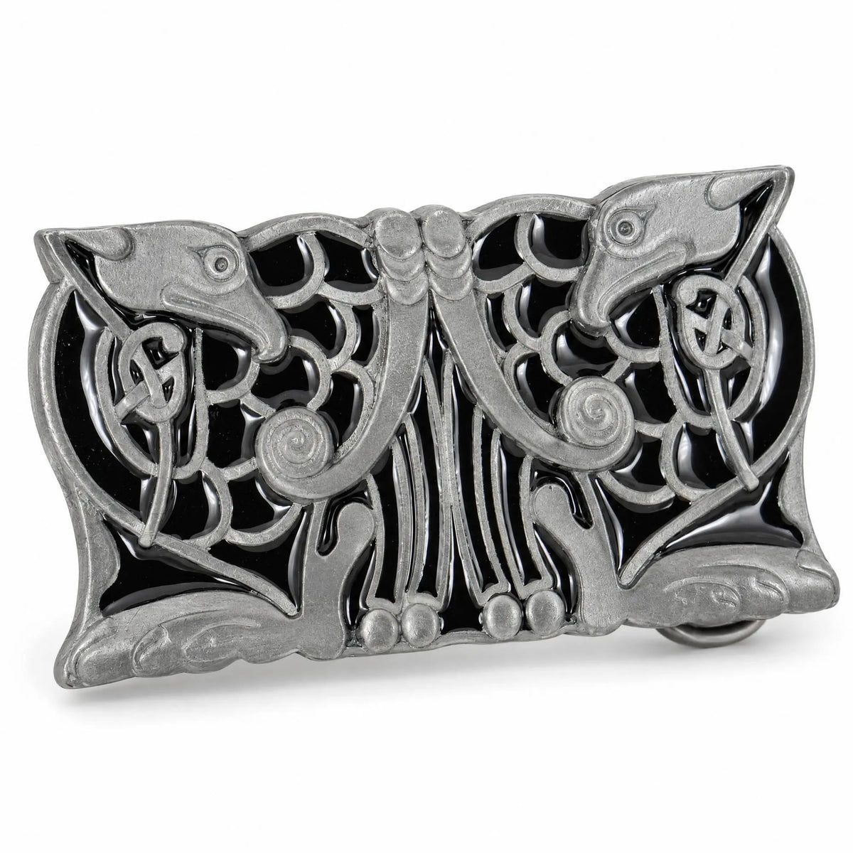 Angled view of the black Celtic Birds Design metal belt buckle